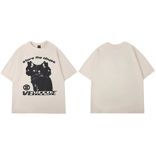 2025 New Streetwear Tshirt Hydra Cat Graphic T Shirt Men Cotton T-Shirt Hip Hop Loose Tops Tees Summer Short Sleeve Black White