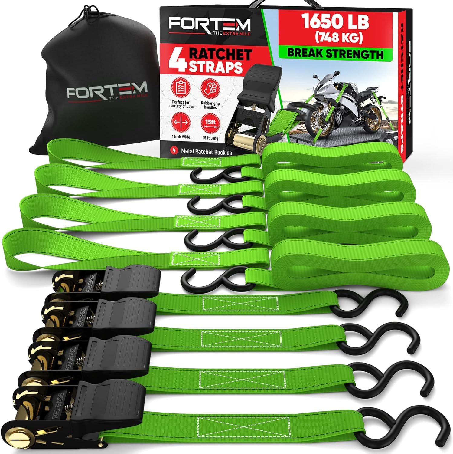 Ratchet Straps, Tie down Strap Set 1650Lb Break Strength, 4 Pack 15Ft X 1In, 4 Soft Loops, Moving Straps Tie Downs, Cargo Cam Buckles for Trucks, Carry Bag, for Men