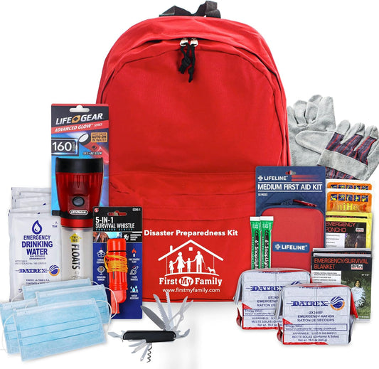 First My Family All-In-One 2 Person, 72 Hour Emergency Survival Kit for Fires, Earthquakes, Hurricanes, Floods, Tsunami and Other Disasters - Premium Red Backpack