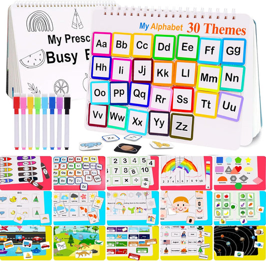 Busy Book for Kids, Montessori Preschool Learning Activities,30 Themes Book with 8 Marker, Workbook Activity Binder/Toys for Toddlers 1-3, Autism Learning Materials and Tracing Coloring Book