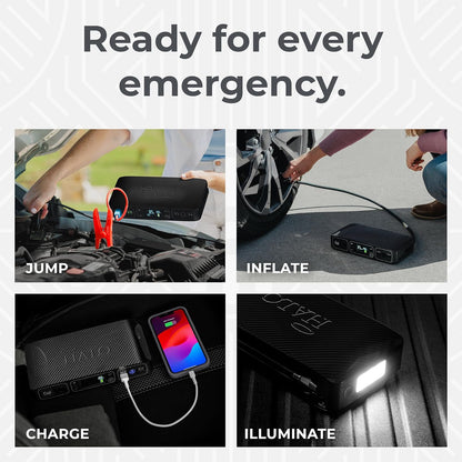 Bolt Air 58830 Mwh Portable Emergency Power Kit with Tire Pump, 4 Interchangeable Air Nozzles, Extra Accessory Kit, Car Jump Starter, and Car Charger - Black Graphite